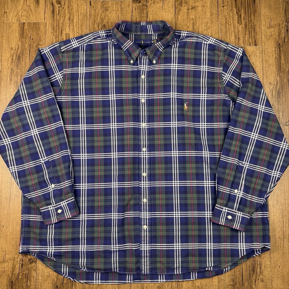 Ralph Lauren Shirt Mens 3xb Green Blue Red Plaid Oxford Flesh Pony Preppy Casual - Picture 2 of 12